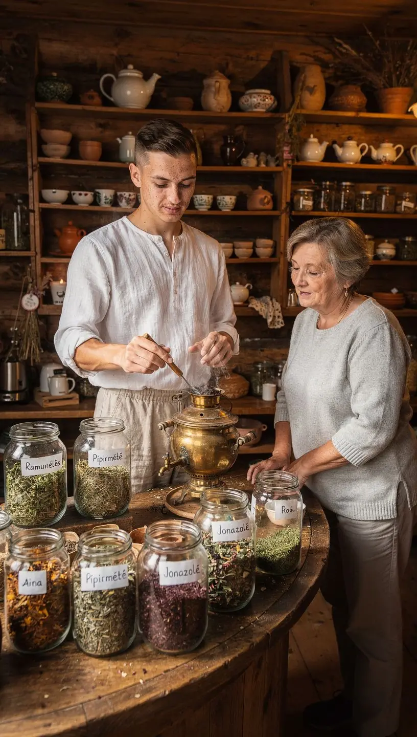 Žolelių arbatos ceremonija, kurioje dalyvauja šeima, švenčianti bendrystę ir gamtos dovaną.